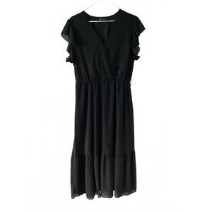 PrettyGarden Black Ruffle Sleeve Midi Dress Women’s Size L Flowing A-Line Casual